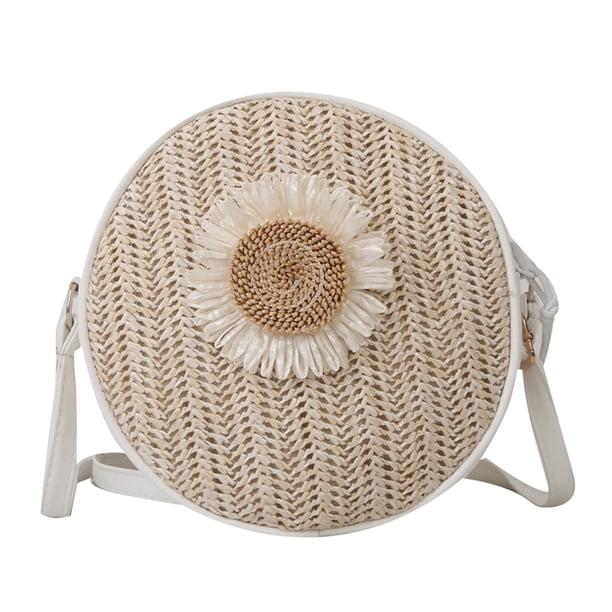 Bolso Mensajero para Mujer Bolso para Niñas Con Retales Tejido PU Paja Con Flores (blanco)