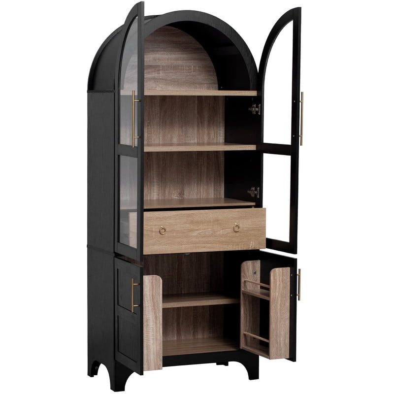 Arched Kitchen Pantry Cabinet with Door Shelves, 71" Tall Kitchen Storage Cabinet with Open & Adjustable Shelves, Freestanding Kitchen Cupboard with Hidden Drawer & Glass Door
