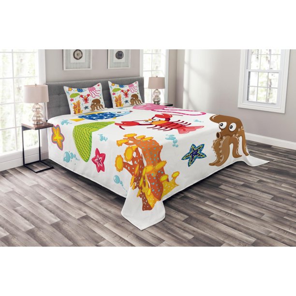 Toddler Bedspread Set Queen Size, Under the Sea Wildlife Theme Funny