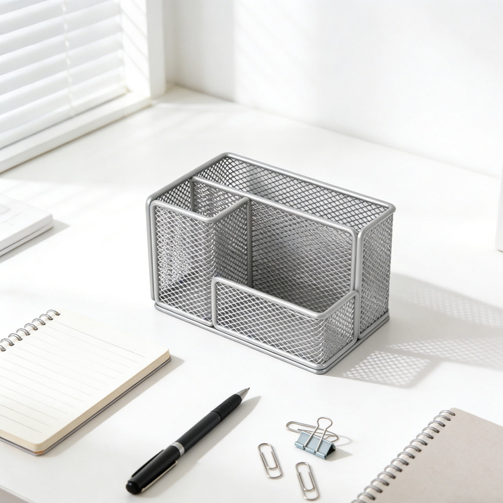 Mesh Pen Pencil Holder Desk Organizer, 3 Compartment Wire Desktop Pen Pencil Cup Caddy Office Supplies Desk Accessories for Home Office, Gray