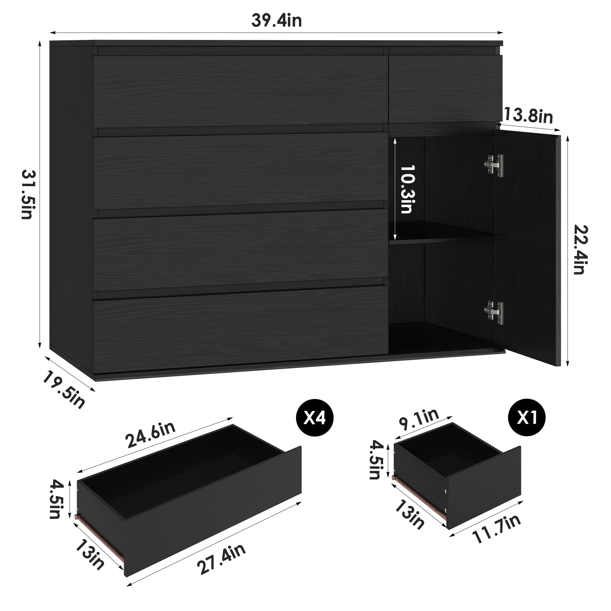 Homfa 5 Drawer Dresser with Door, Modern Accent Storage Cabinet Chest of Drawers for Bedroom Living Room, Black