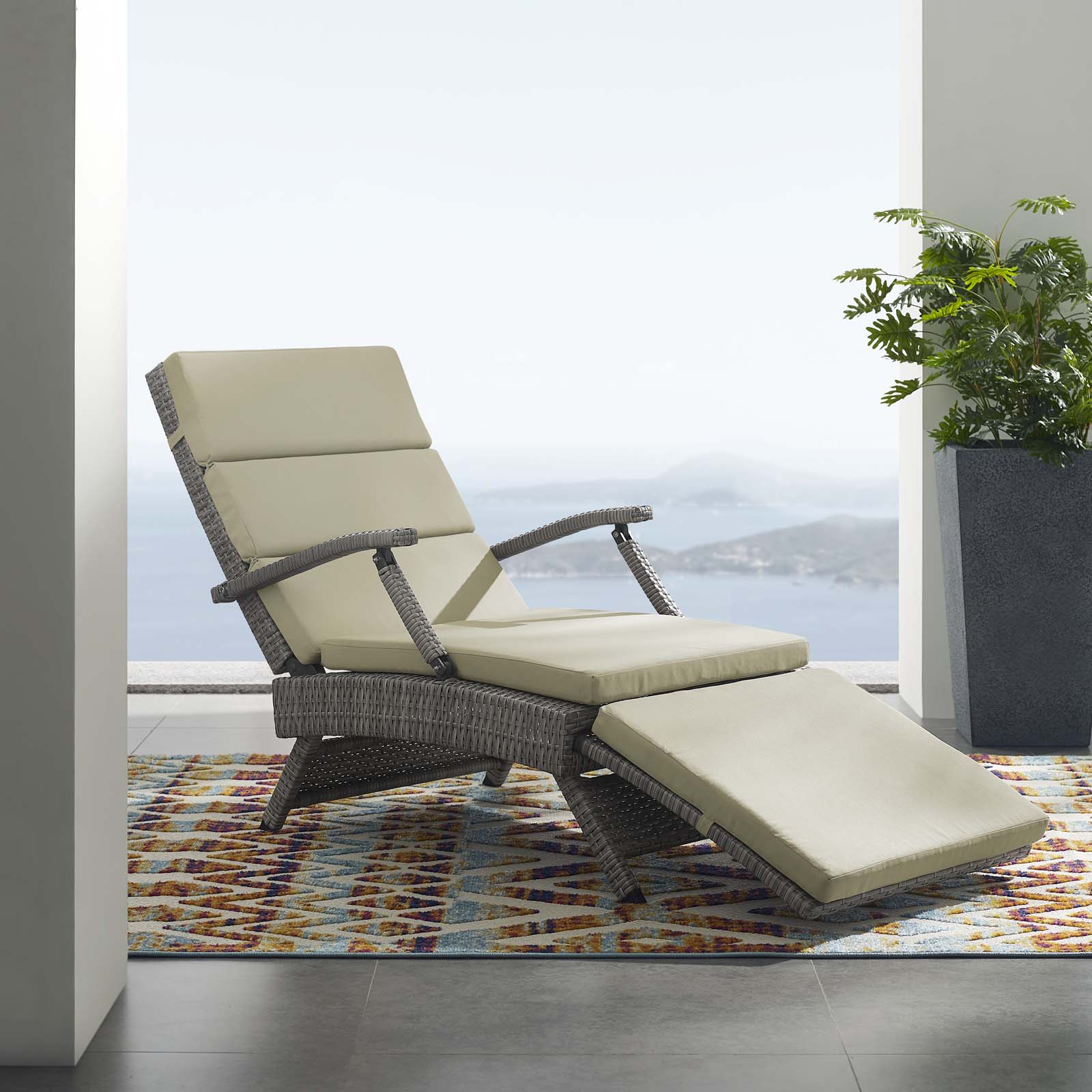 Modern Contemporary Urban Design Outdoor Patio Balcony Garden Furniture Lounge Chair Chaise, Rattan Wicker, Light Gray Beige - image 2 of 8