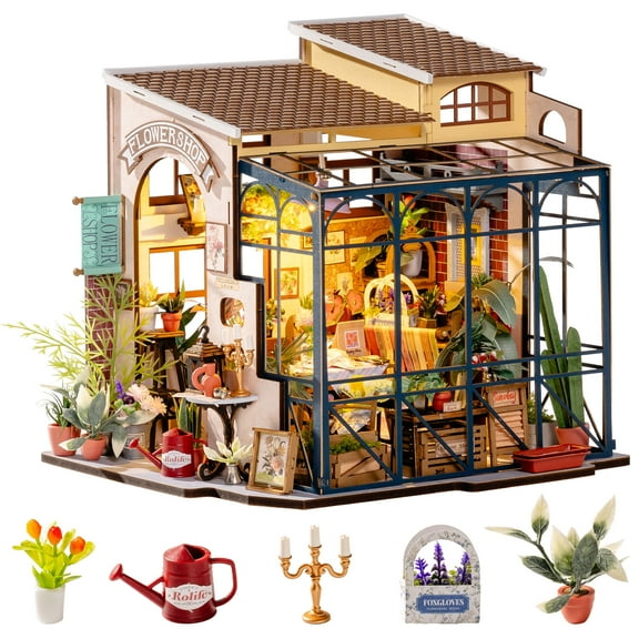 ROBOTIME Emily's Flower Shop DIY Miniature House Kit,Mini Wooden Dollhouse Building Sets for Home Decor,Tiny House Craft Kits Gifts for Adults Teens
