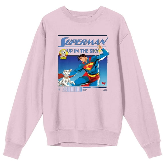 Superman 2025 Krypto & Superman Comic Art Adult Cradle Pink Crew Neck Long Sleeve Sweatshirt-Medium