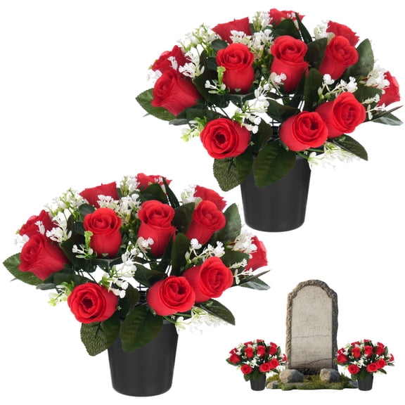 2 PCS Grave Flowers in Pot, Artificial Red Rose Arrangement with 12 Flower Heads, Memorial Cemetery Floral Decoration for Funeral Gravesite Home Remembrance Display