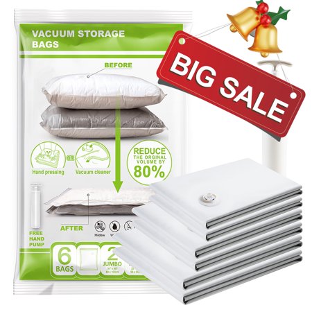 TAILI Jumbo Vacuum Clothes Storage Bags with Hand Pump, Closet Organizer Shrink Storage Bag, Vacuum Sealer Storage Packing Bags for Clothes Blankets Pillows Comforters, Travel Storage Bags(6 Pack)