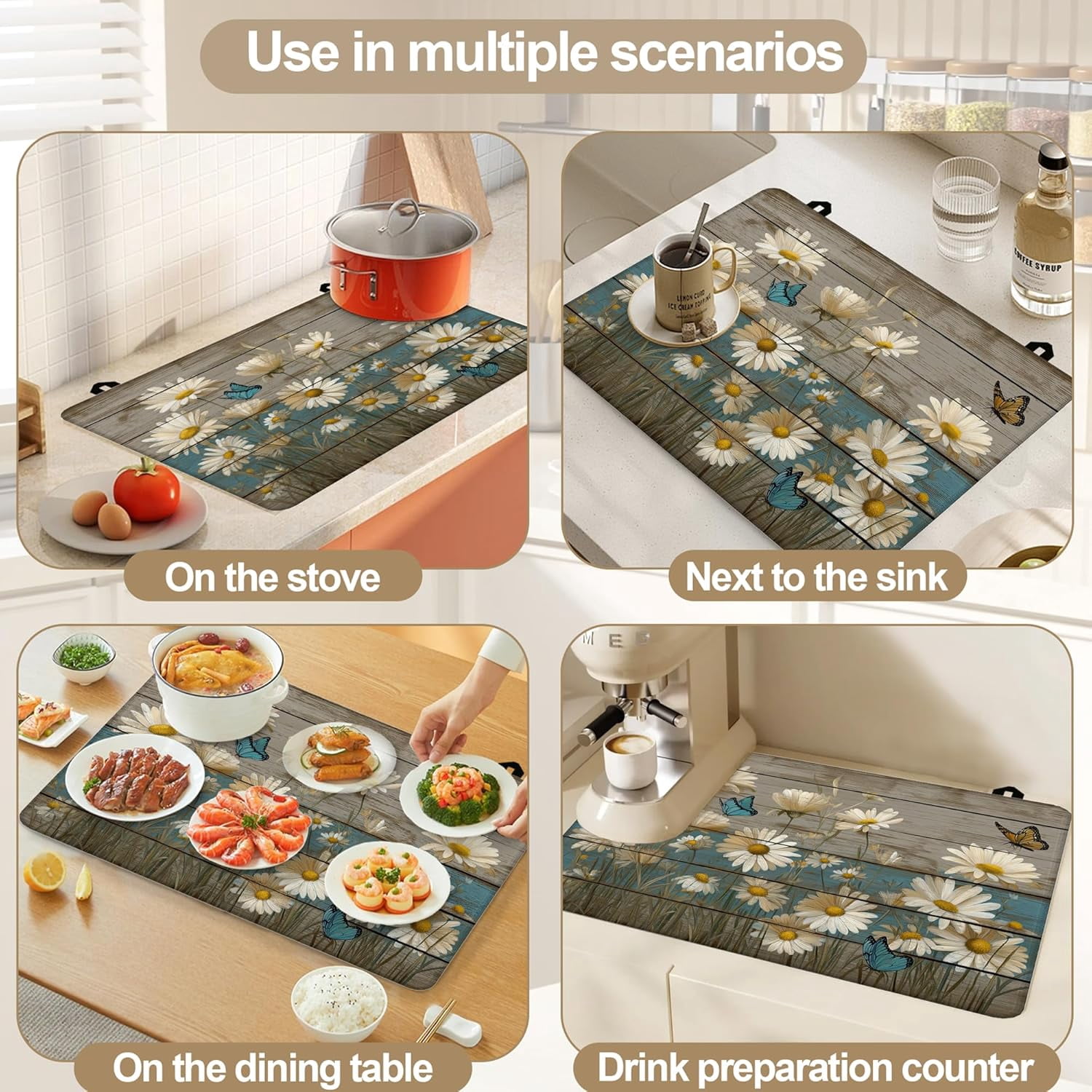 Vintage Daisy Butterfly Electric Stove Top Cover Protector,Rustic Wooden Heat Resistant Glass Top Stove Oven Induction Cooktop Mat with Rubber for Kitchen Top Covers 28.5“ x 20.5“