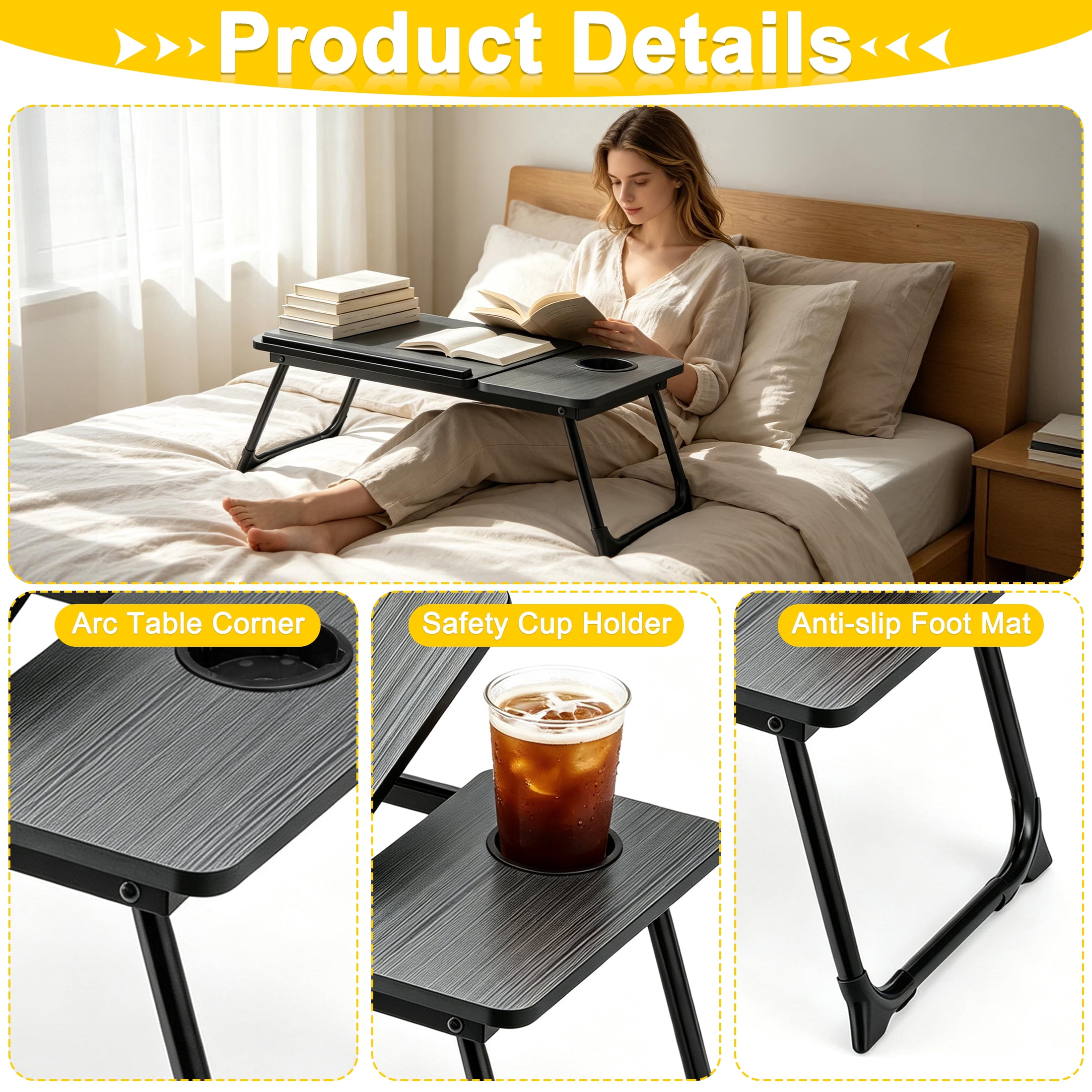 Foldable Laptop Bed Tray Table, Adjustable Angle Portable Lap Desk with Cup Holder, Multifunction Bed Table for Working, Reading, Eating on Bed Sofa