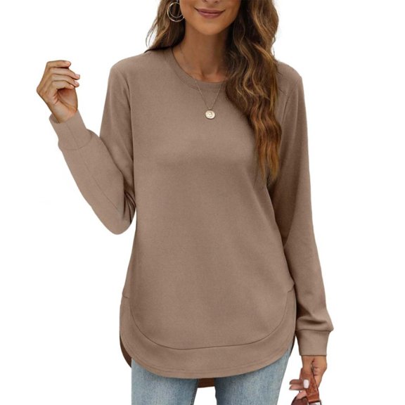 Yokua Women's Crew Neck Curved Hem Sweatshirt High-Low Neck Comfortable Long Sleeve Side Slit Shirt Top