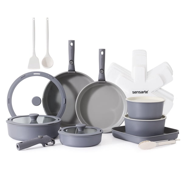 Juego de utensilios de cocina SENSARTE, ollas y sartenes de cerámica, 24 piezas, color gris