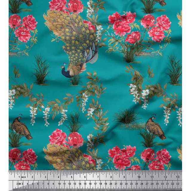 Soimoi Rayon Fabric Leaves,Floral & Peacock Bird Print Sewing Fabric Yard 42 Inch Wide