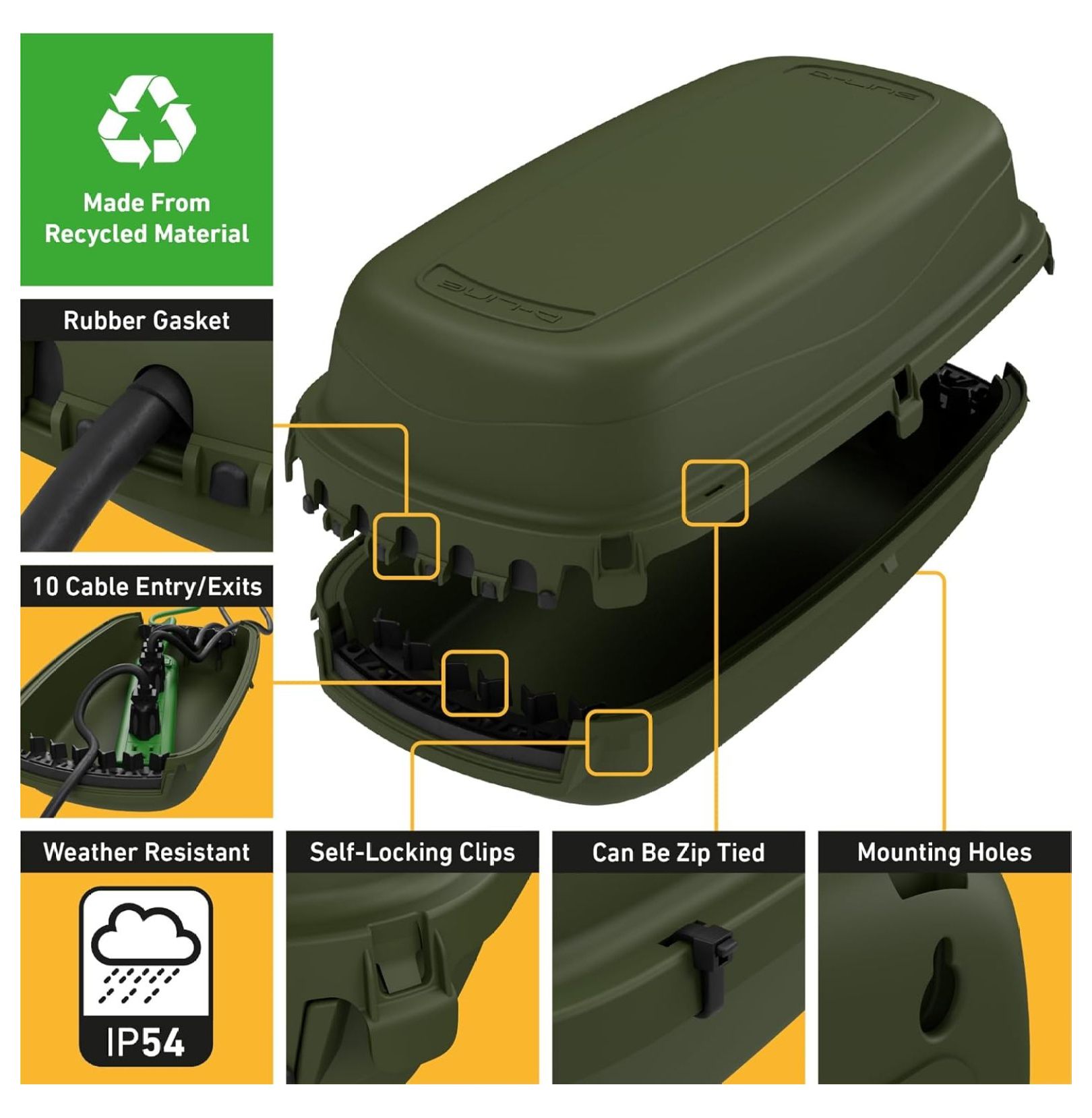 Outdoor Weatherproof Electrical Cable Box, IP54 Rated for Safe Outdoor Use, Power Strip Enclosure, Plug Protector, Garden Extension Cord Cover - 11.4in (L) x 4.92in (W) x 4.33in (H) - Green