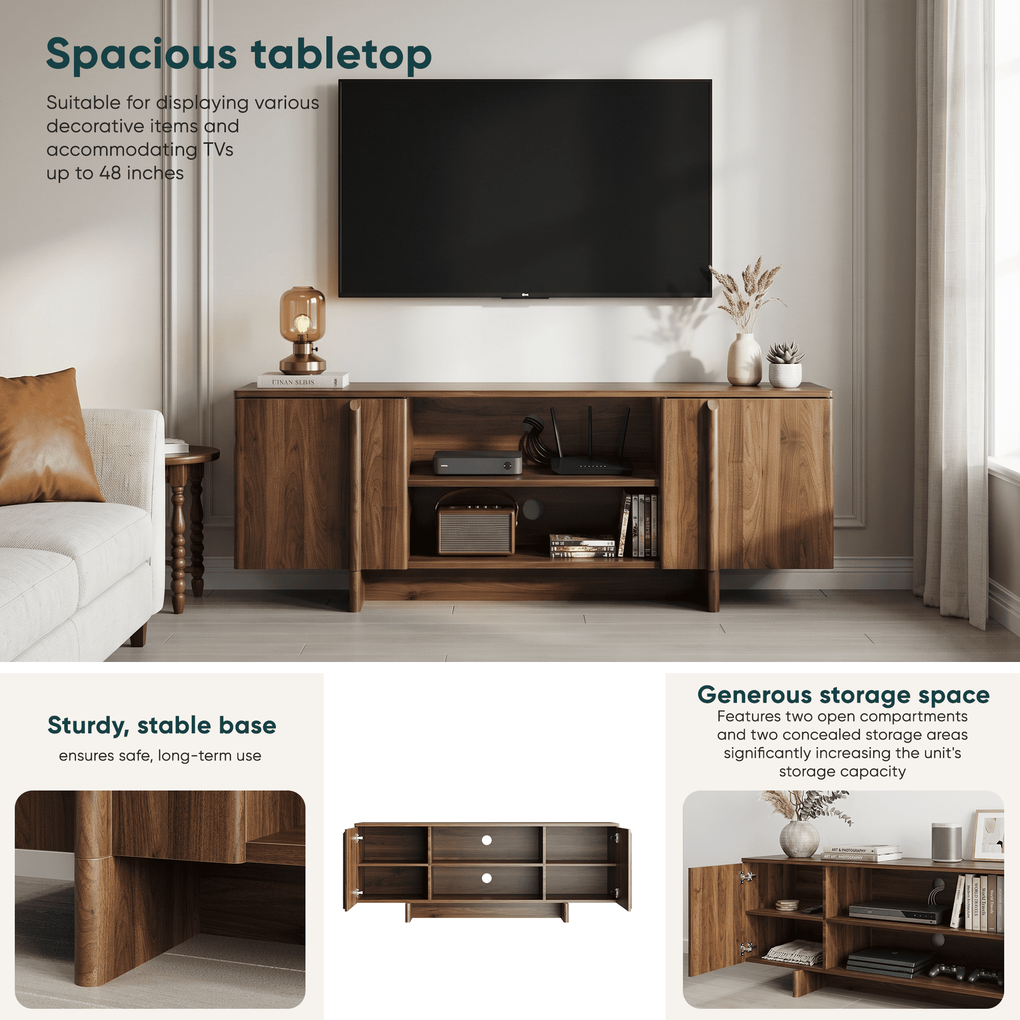 GARITIN TV Stand and Entertainment Center 55 Inch, Mid Century Modern Farmhouse Media Console with Storage Shelves and Cable Management for Living Room, Walnut