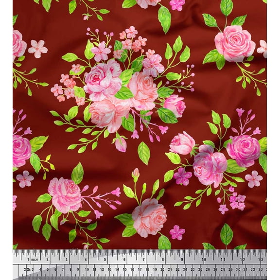Soimoi Red Cotton Duck Fabric Rose Floral Printed Craft Fabric by the Yard 42 Inch Wide