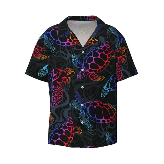 Naloa Sea Turtle Men's Loose Fit Cuban Collar Short-Sleeve Shirt with Button-down and Chest Pocket for Everyday Wear Outings - Small