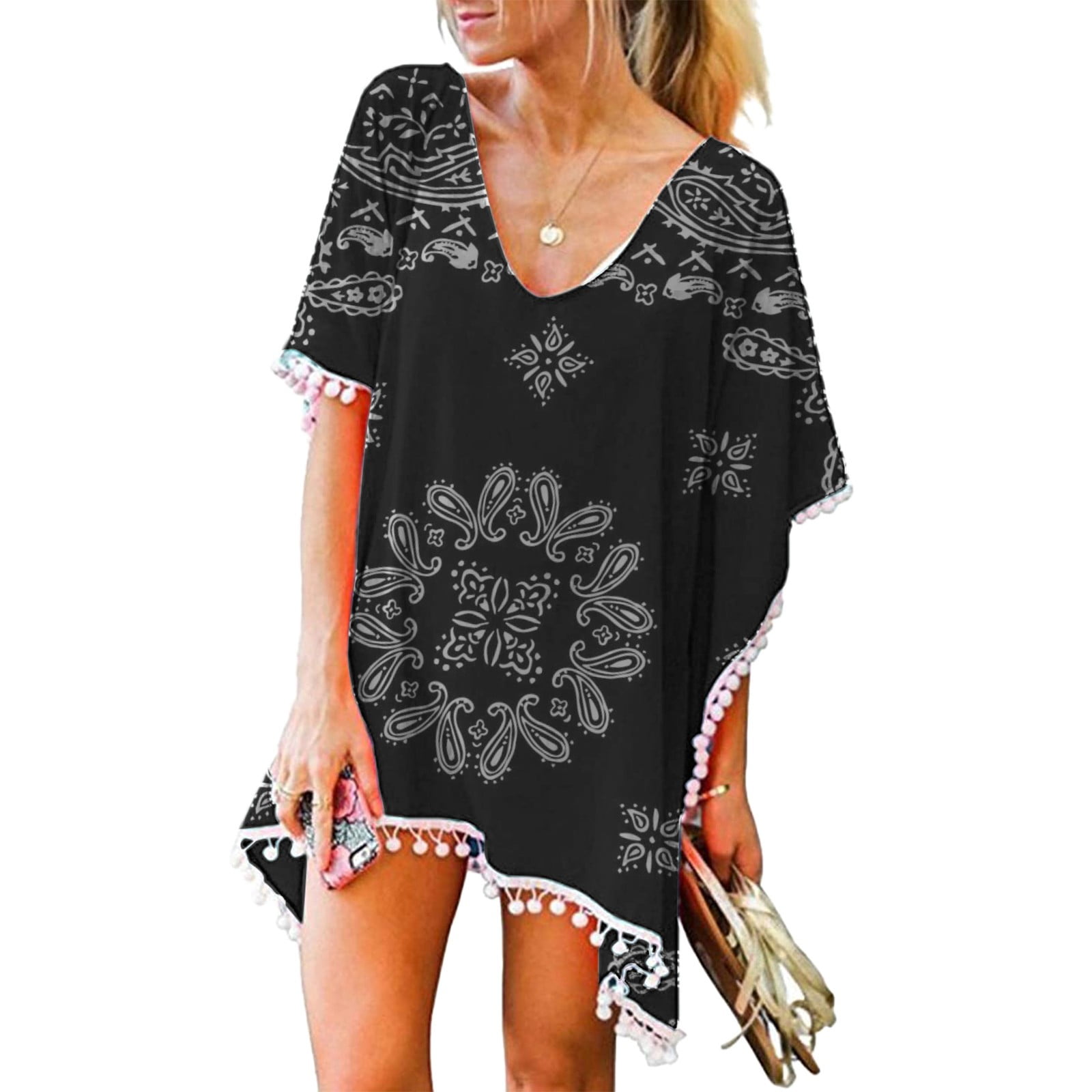Women's Trim Kaftan Chiffon Tassels 
