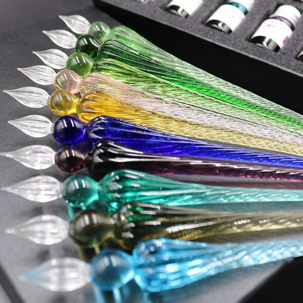 Juego de bolígrafo de cristal con tinta - 5 plumas de caligrafía a color para adultos, bolígrafos de vidrio hechos a mano con lentejuelas decorativas, tinta fácil de limpiar a base de agua para