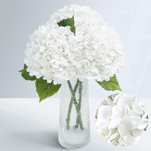 Lyacmy 3 Pcs Real Touch Hydrangea Artificial Flowers, 21" White Fake Latex Hydrangea with Stems Leaves Full Hydrangea Flowers Heads Home Decor
