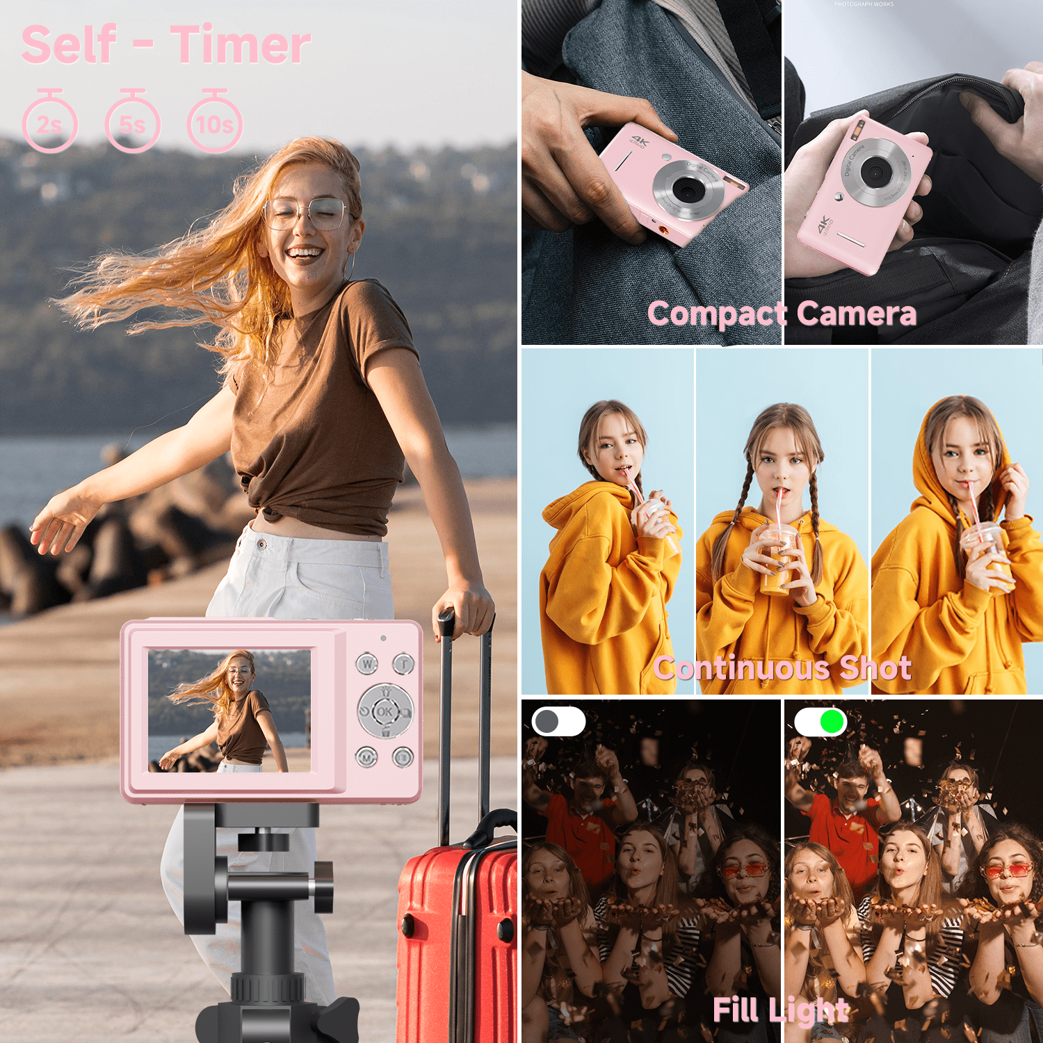 KEEPBERRY fhd Point and Shoot Digital Camera for Kids with , smile Capture, 20 Filters, Built-in Flash & USB-C Cable (Pink)