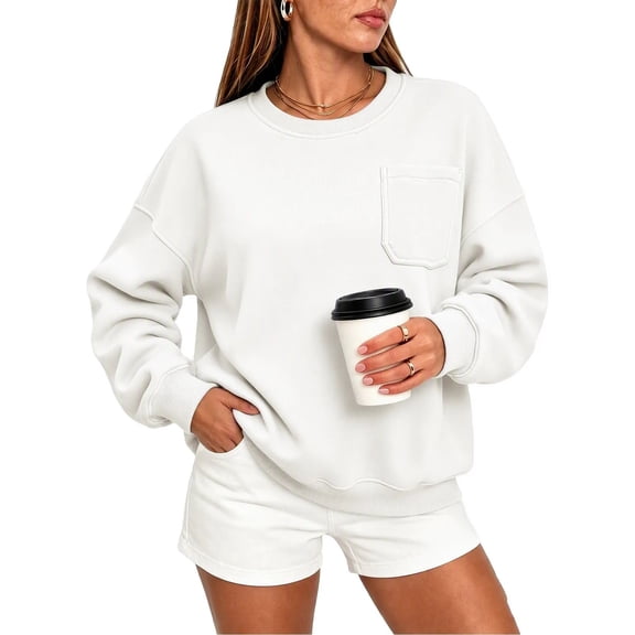Womens Chest Pocket Crewneck Sweatshirts Long Sleeve Casual Pullover Tops Lightweight Fall Winter Sweatshirts(White,L)