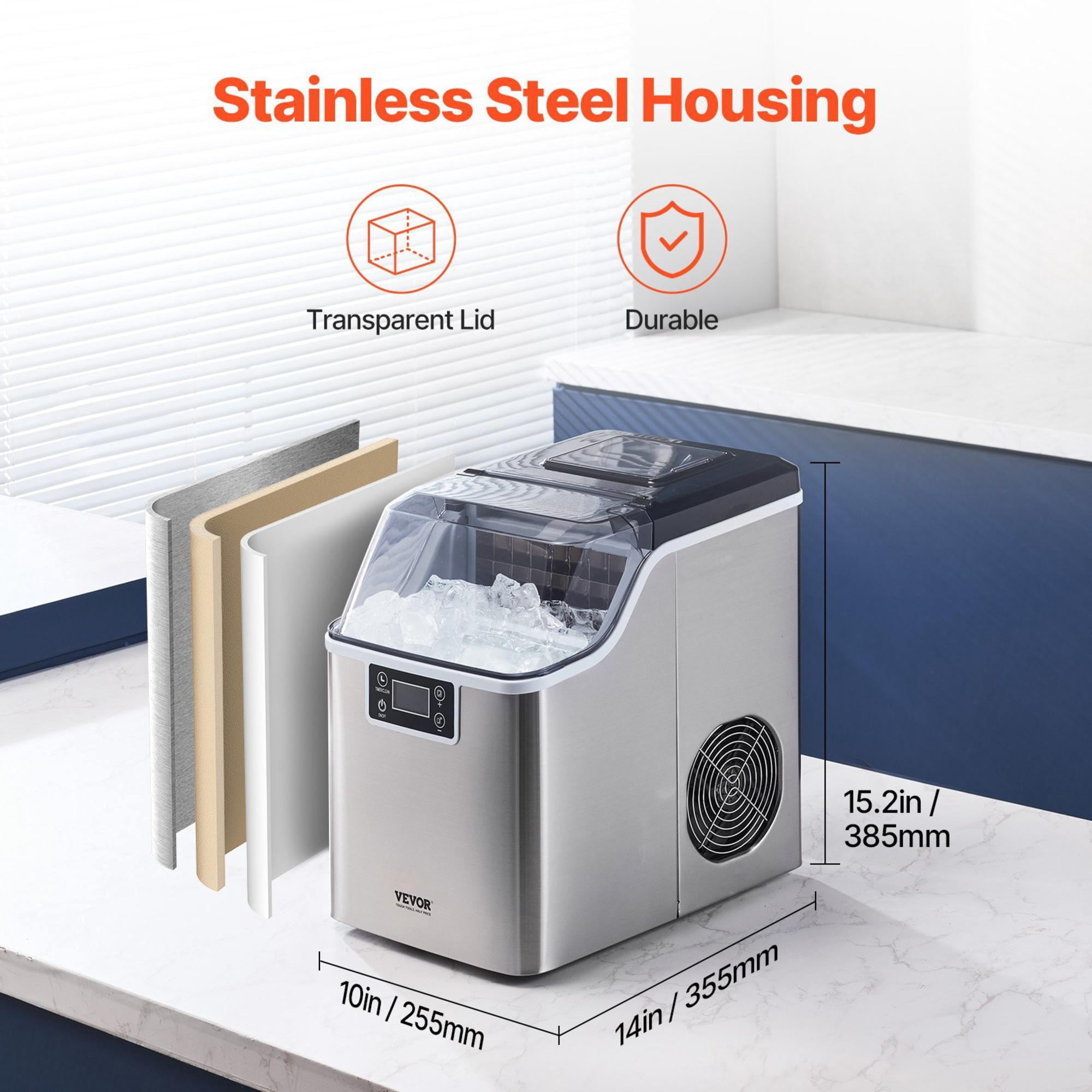Countertop Ice Maker, 45 lbs/24H, 24 Cubes in 15 Mins, 3 Ice Sizes, Self-Cleaning Portable Ice Machine Quiet ≤42dB with Scoop & Basket