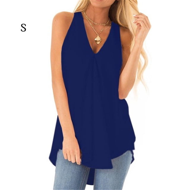 Camisa Sin Mangas Gasa Mujer Top Con Cuello En V Paño De Verano Suelto, Azul, S Speravity AP002127-01