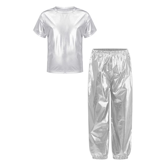 iixpin Kids Girls Metallic Jazz Dance Outfit Short Sleeve Sparkly T-shirt and Pants 2 Piece Hip Hop Dancewear Silver 11-12