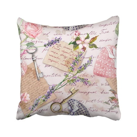 Pink Rose Throw Pillow ARTJIA Vintage Aged With Lavender Flowers Hand Written Letters Keys Roses And Pink Hearts Pillowcase Throw Pillow Cover 18x18 inches ()