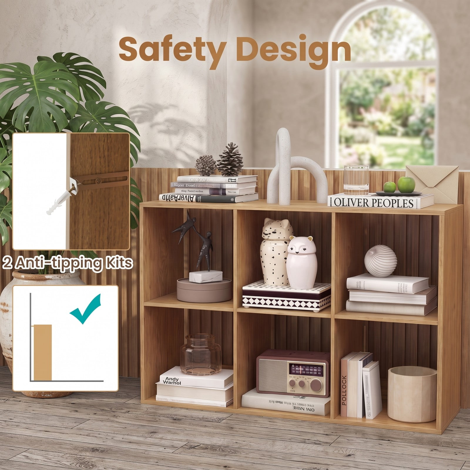 Furnibear 6 Cube Bookshelf, Wood Cube Storage Organizer with Back Guardrail and Anti-Tip Kit, Freestanding Display Bookcase for Living Room Bedroom Home Office, Natural