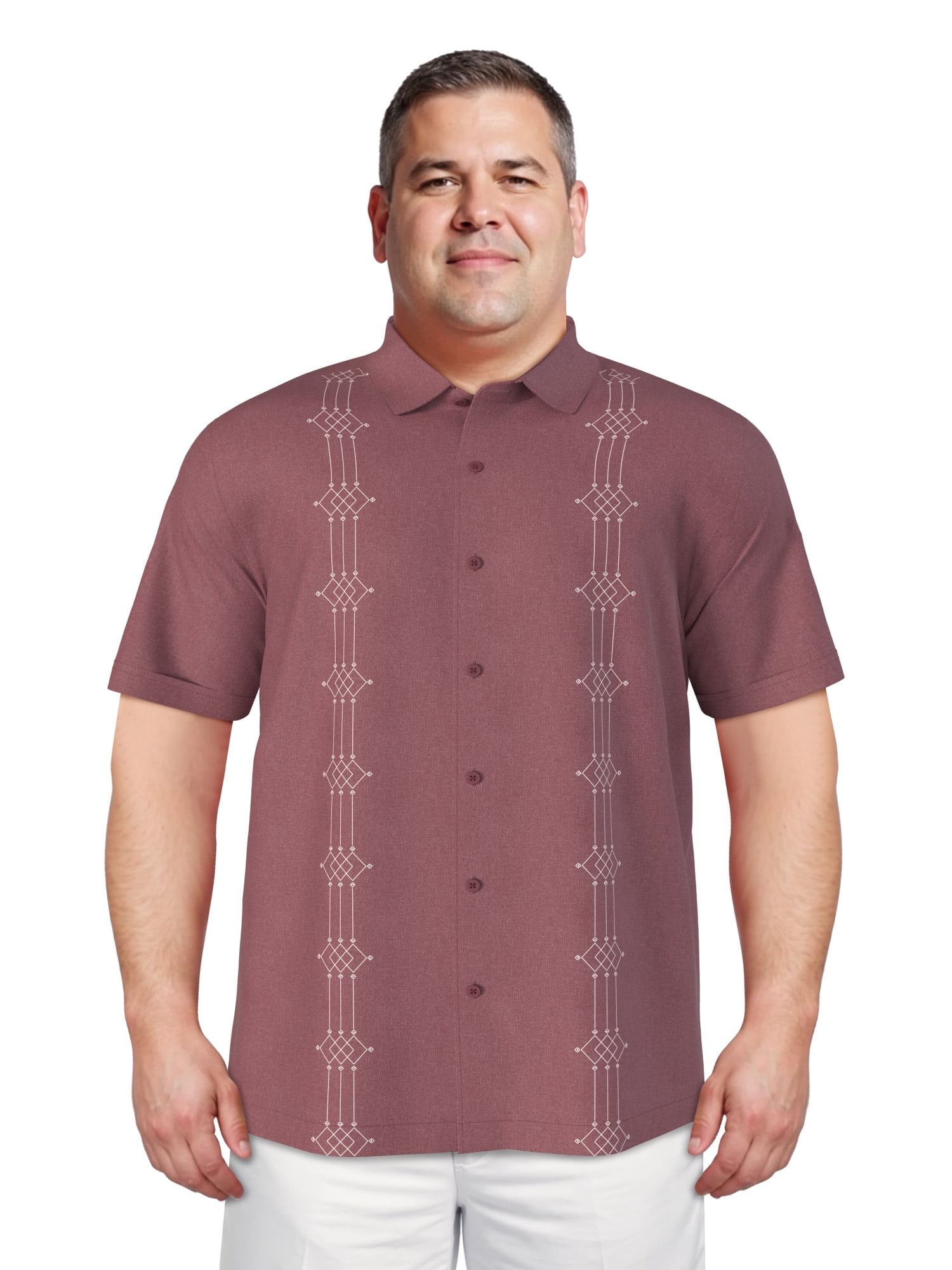 Cafe Luna Men's and Big Men's Printed Geo Panels Short Sleeve Chambray Woven Shirt, Size S-4XL