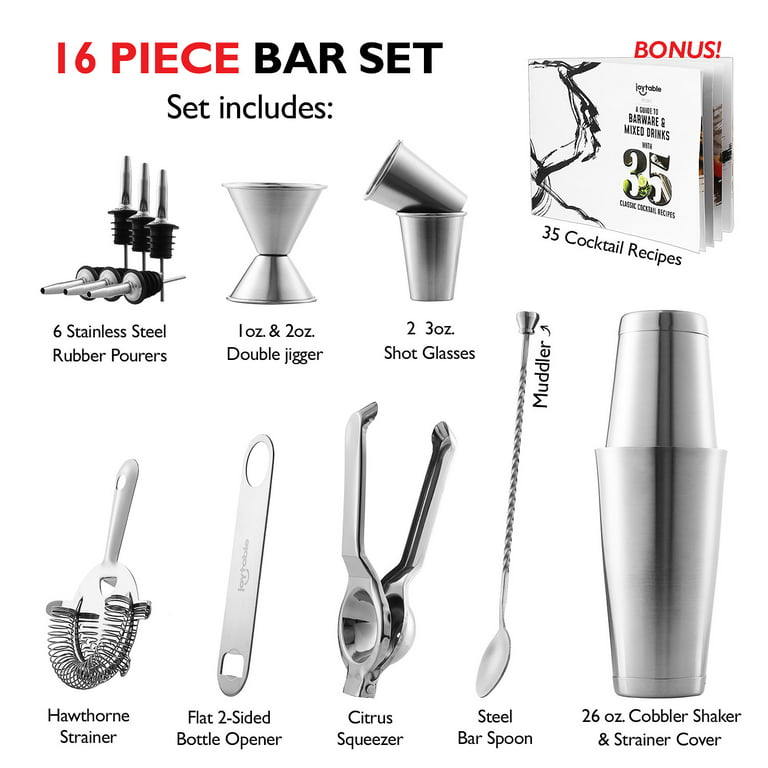 Joytable 16pc Bartender Cocktail Shaker Set, Stainless Steel Bartender Kit Bar Tool Set, with All Bar Accessories Plus Lemon Squeezer and Great Recipe