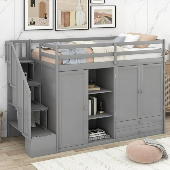 Loft Bed in Gray with 3 Shelves, 2 Wardrobes, 2 Drawers & Ladder for Ample Storage!