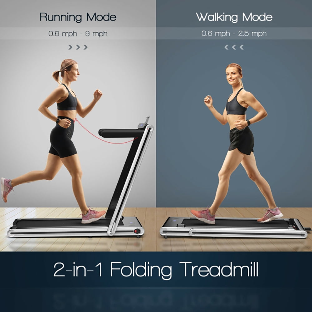 Topcobe 2-in-1 Folding Treadmill with Dual LED Display, Under Desk Walking Pad Treadmill, Walking Pad for Home, Silver