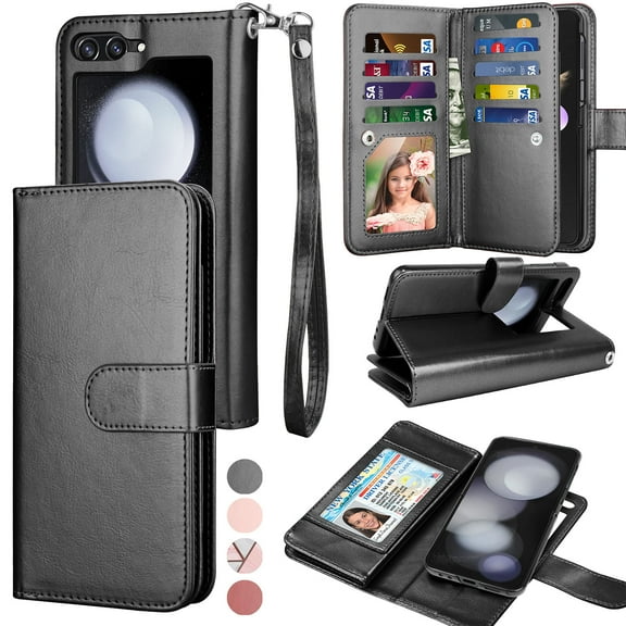 Galaxy Z Flip5 5G Cases, Samsung Z Flip5 Wallet Case, Samsung Galaxy Z Flip5 PU Leather Case, Tekcoo Luxury Cash Credit Card Slots Holder Carrying Folio Flip Cover Kickstand & Hand Strap