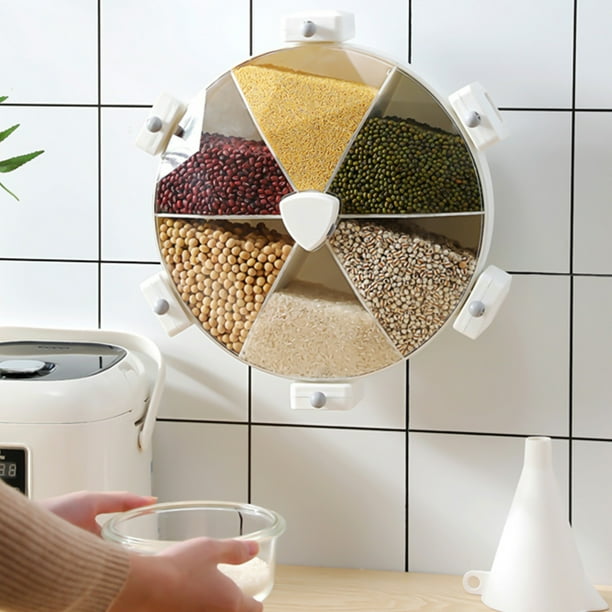 Dispensador de arroz giratorio - Contenedor de almacenamiento de granos de 6 compartimentos, capacidad de 20 kg, organizador de cocina de pared con taza medidora y embudo, azul marino/blanco