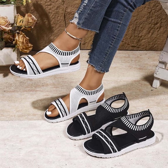 Women's Breathable Knit Flat Sandals Wide Width Round Toe Summer Casual Sandals Stretch Mesh Soft Bottom Lightweight Walking Shoes Non Slip Outdoor Beach Sandals