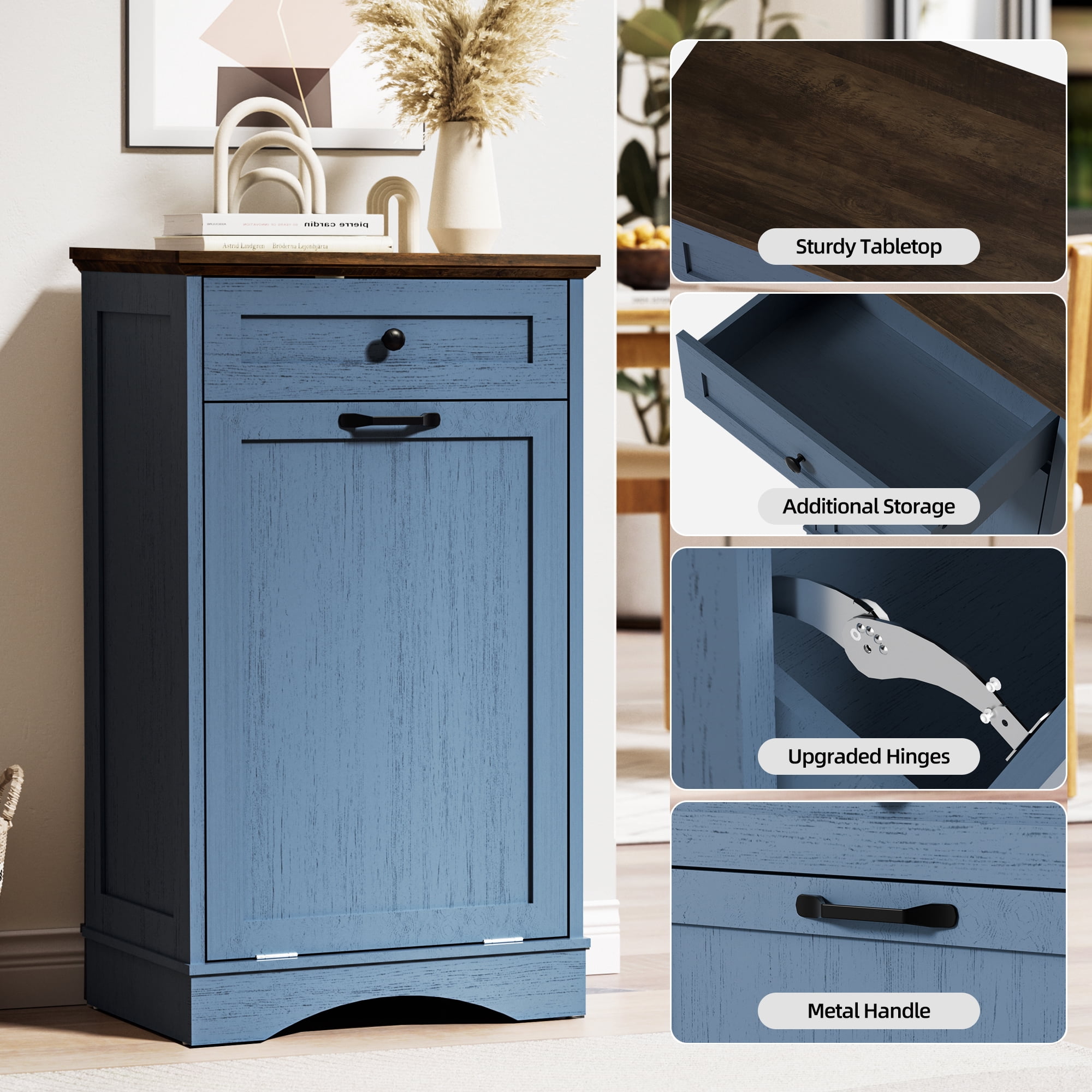 AHB 13 Gallon Tilt Out Kitchen Trash Cabinet with Drawer, Single Trash Can Storage Organizer, 20.9"L x 13.55"W x 38.5"H , Blue