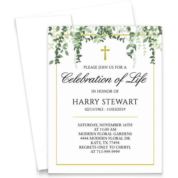 Printed Celebration of Life Invitations With Envelopes, FLAT In Loving Memory Invitation With Border, Memorial Service Invitation Cards, Your Choice of Quantity and Envelope Color