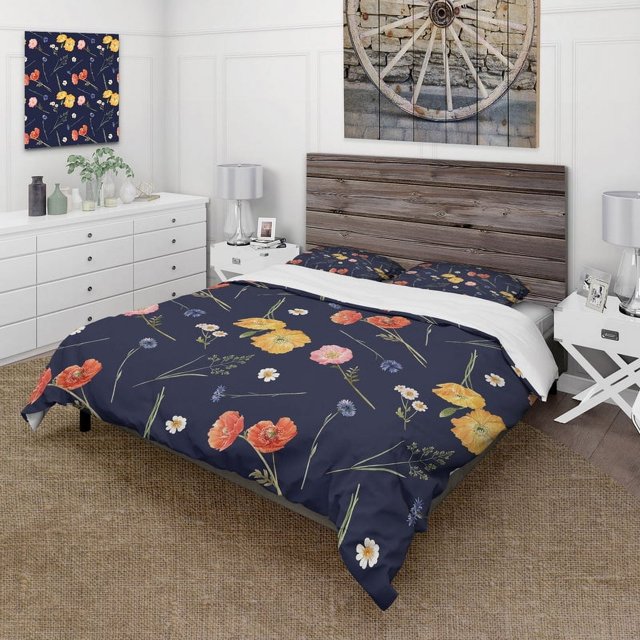 Designart 'Flores silvestres naranjas y amarillas sobre azul oscuro' Funda Nórdica Tradicional