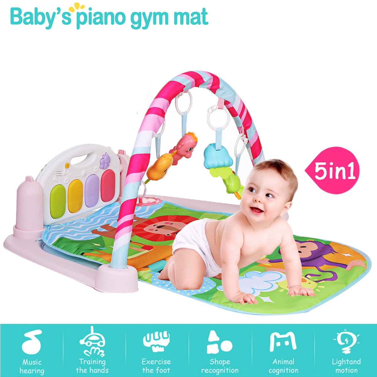 Baby Play Mat Musial Toys for Infant Activity Gym Playmat With Hanging Toys&Piano Light,Tummy Time Shower Gift Toys for Newborn Toddler Boys Girls in 0-3-6-12 Months,Detachable Padded Mat for Playing 