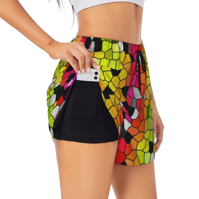 Balery Colorful Tie Dye Stained Glass 1 Pantalones cortos deportivos para mujer con forro y dos bolsillos, elásticos, para entrenamiento, gimnasio, yoga-XX-Large