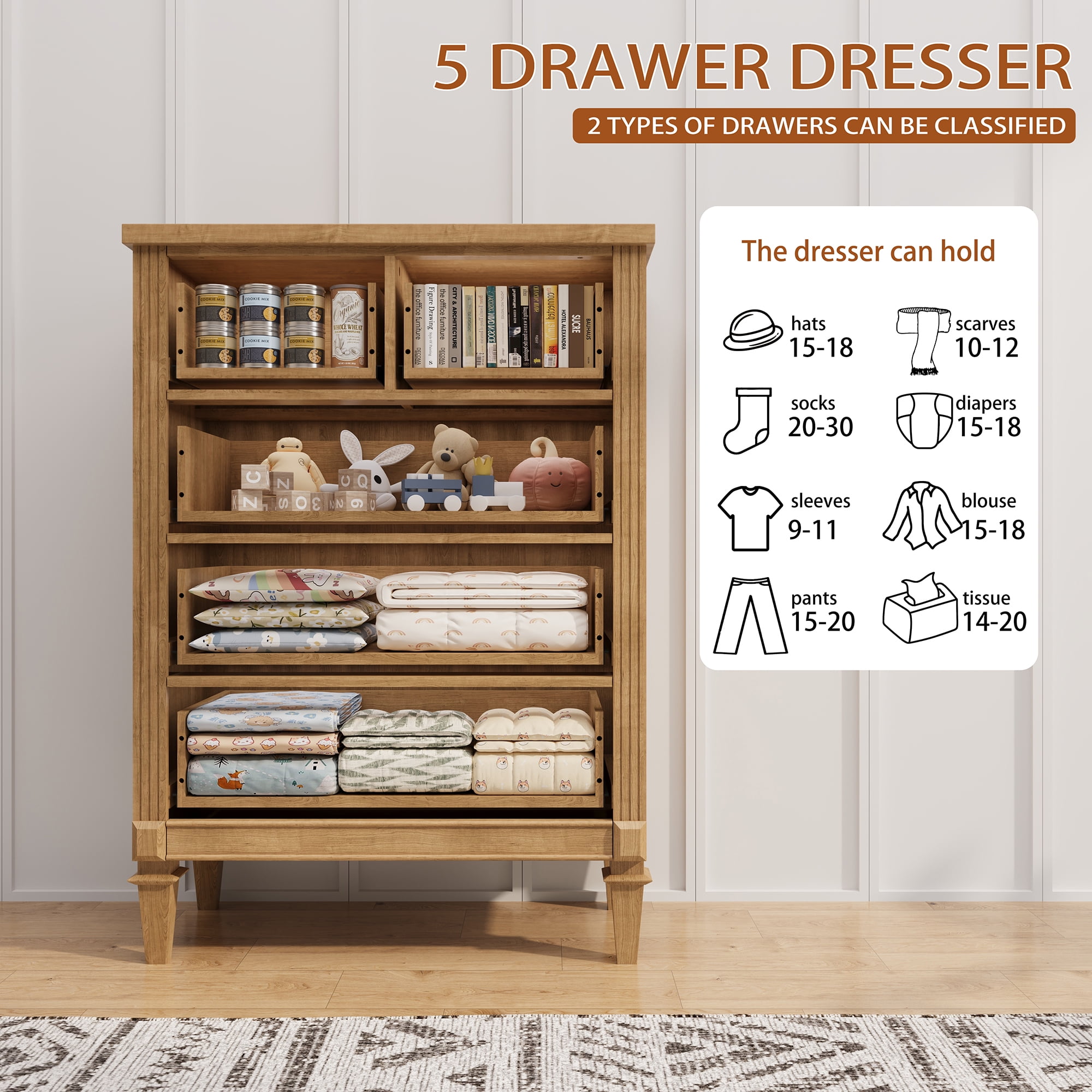 5 Drawers Dresser Chests for Bedroom, Wood Chset of Drawers, Dressers Organizer for Bedroom, Living Room, Hallway, Natural