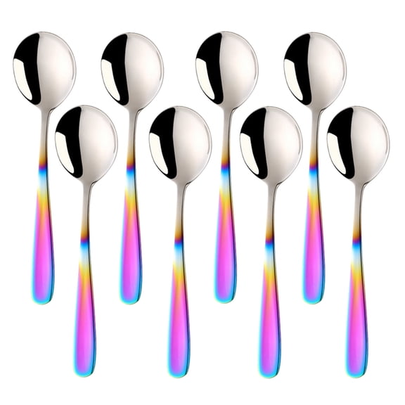 7-Inch Modern Dinner Spoons, Bouillon Spoons Set of 8, 18/10 Stainless Steel Round Soup Spoon, Perfect for Formal Dining & Gift Giving(Rainbow)