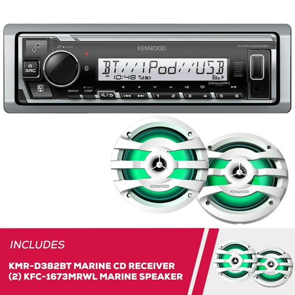 New Kenwood KMR-D382BT Marine CD Receiver & 2-Pack KFC-1673MRWL 6.5" Marine Speakers