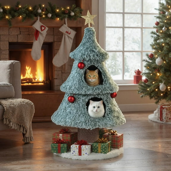 Costway 48.5” Christmas Cat Tree for Indoor Cats with 2 Large Condos, Scratching Post