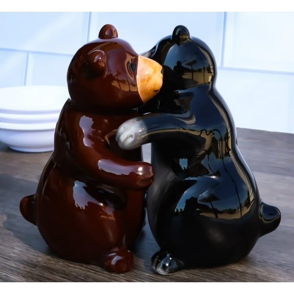 Ceramic Black And Grizzly Brown Bears Hugging Dancing Salt And Pepper Shakers