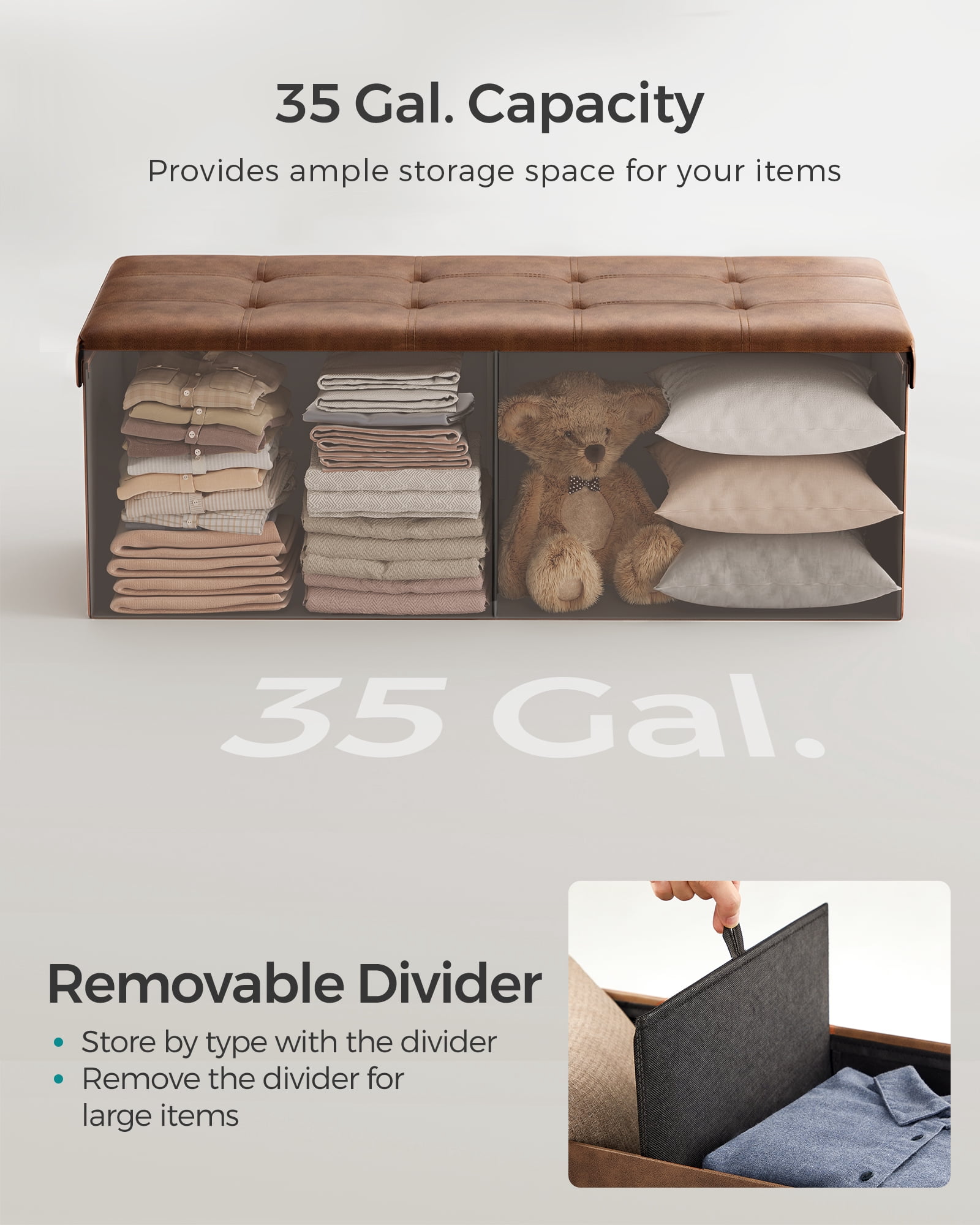 SONGMICS 43" Storage Ottoman Bench Leather Footstool Hold up to 660lb for Bedroom Coffee Brown