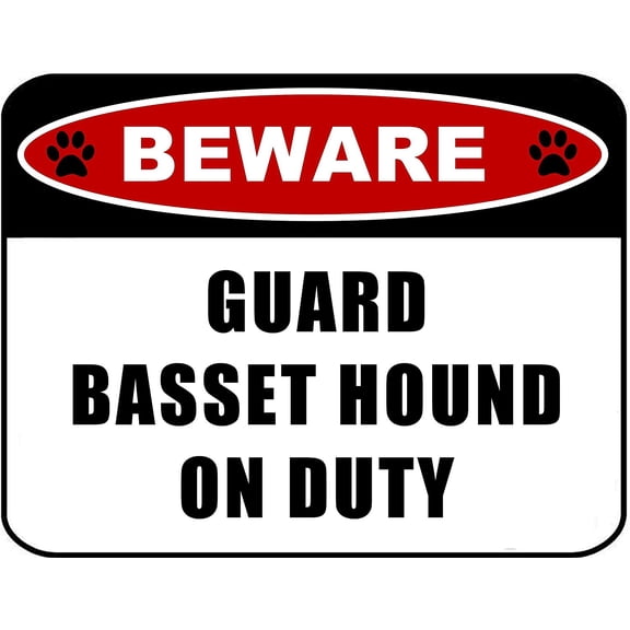 Beware Guard Basset Hound on Duty (v2) 11.5 inch x 9 inch Laminated Dog Sign