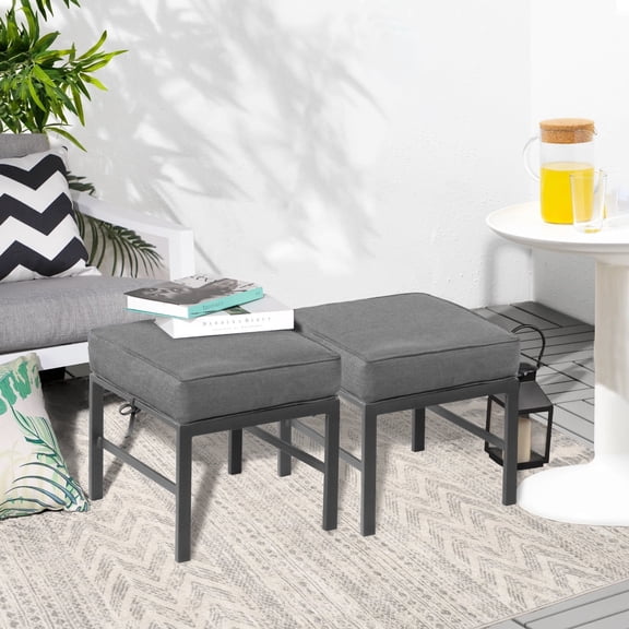2 Pcs Aluminum Outdoor Patio Ottoman with Cushion, Assembled Outdoor Foot Rest Stool Set of 2, Grey
