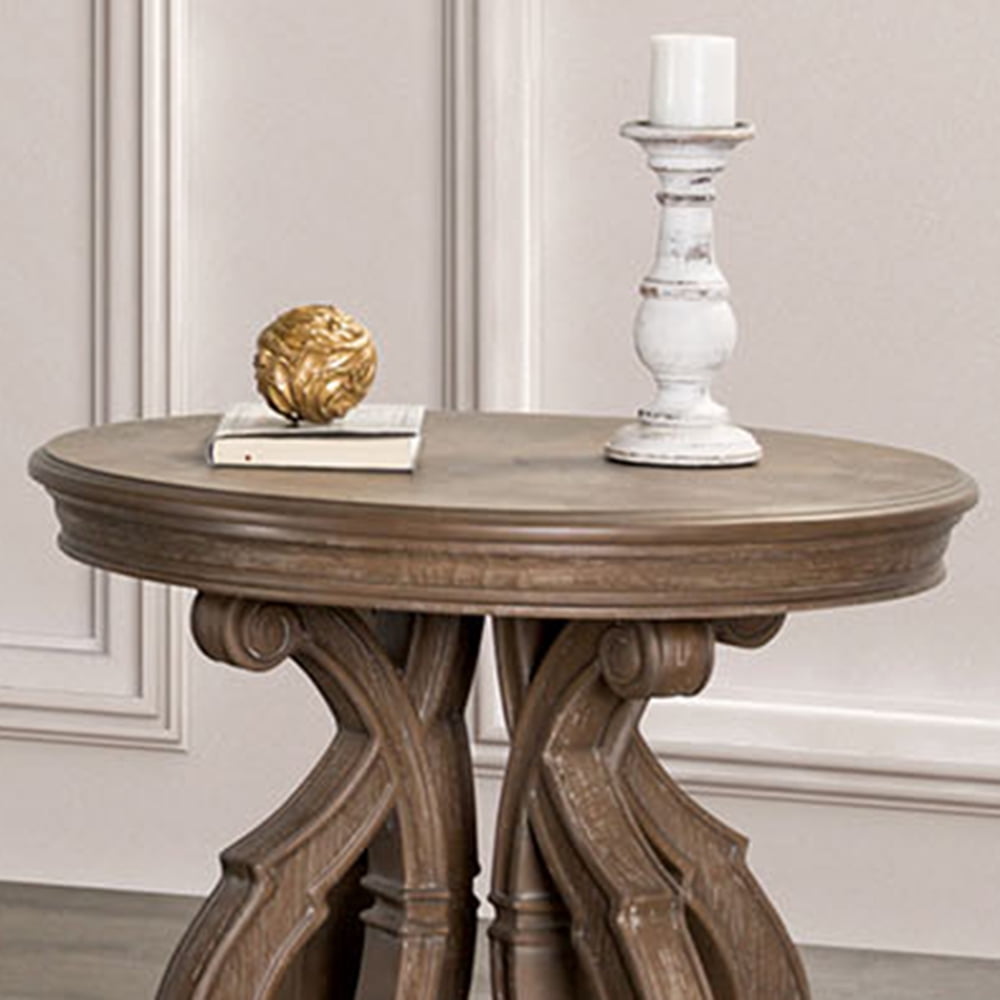 Furniture of America Wilster Traditional Pedestal Solid Wood 27-inch Round Indoor End Table, Weathered Oak